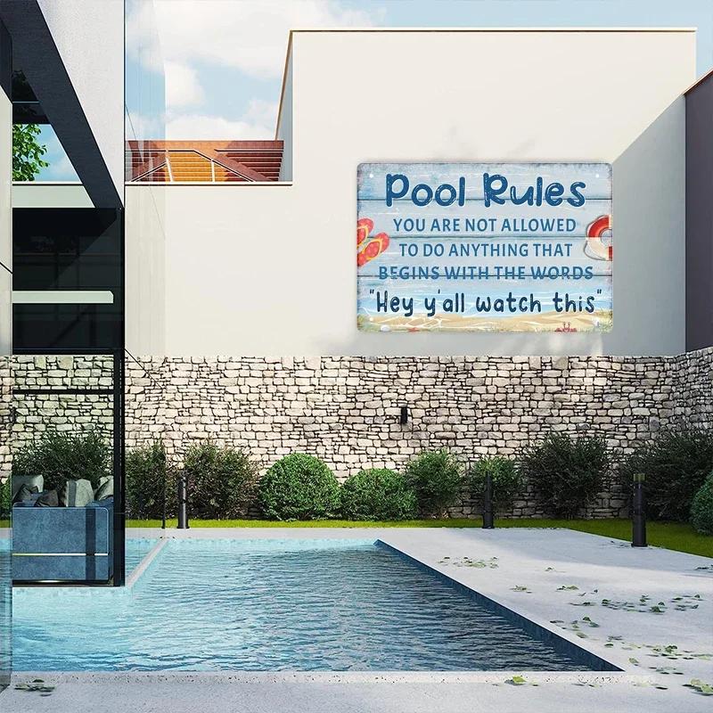 Tin Sign Pool Funny Rules Vintage Plaque Welcome Warning No Swimming Instruction Metal Sign For Home Pool Store Club Wall Decor