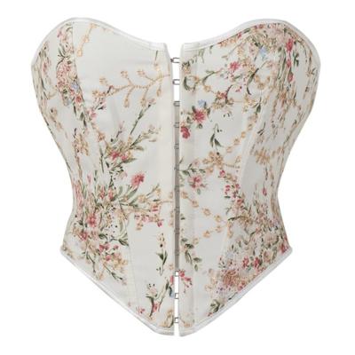 Weißes Blumenmuster Trägerloses Korsett-Top Haken vorne Mit Stäbchen Bustier für Damen