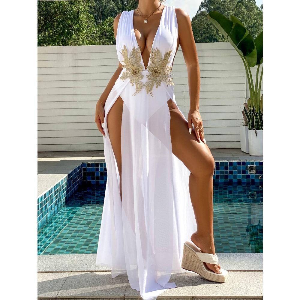 

Вечернее платье длинная юбка купальник женский длинная юбка сексуальный свадебный глубокий V цельный купальник S белый