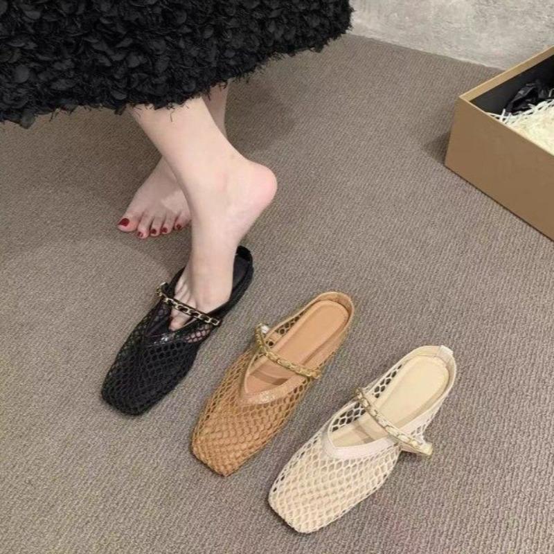 Retro Flat Shoes Summer New Square Toe Fishing Net Breathable Hollow Outside Wear Slip-on Baotou Half Slippers
