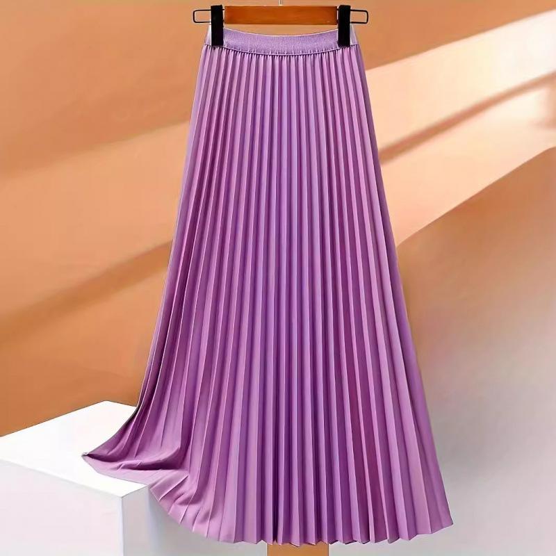 Women's Boho Satin Metallic Pleated Skirts Elastic High Waist Flowy A Line Skirt High Elastic Waist Pleated Chiffon Skirt Midi Swing A-line Skirts