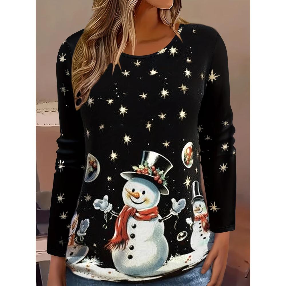 T-shirt Femme Manches Longues Col Rond Impression 3D Thème Noël Mode Confortable Respirant Doux Décontracté Ample Polyvalent