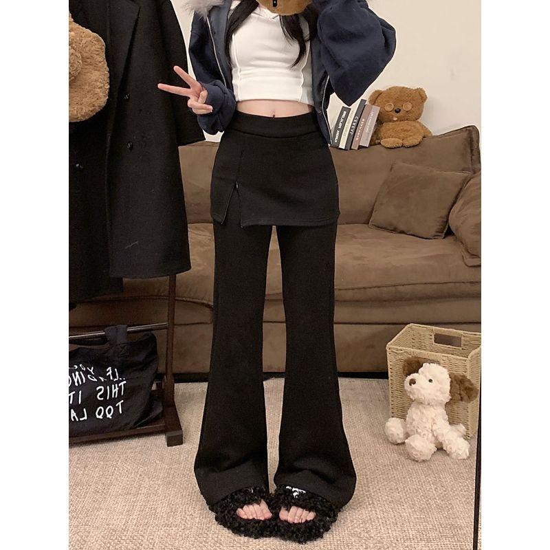 

Kumikumi Stylish Fake Two-Piece Fart Curtain High Waist Casual Pants Women s Clothing Autumn Slimming Drape Bootcut Trousers Pants Black L