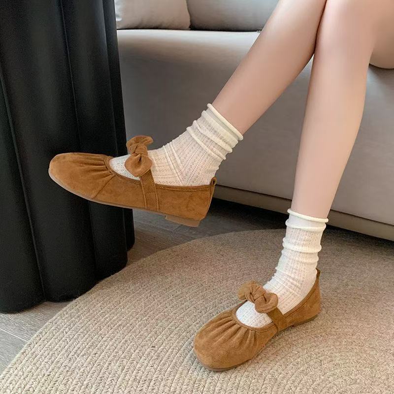 Folded Suede Bow Word with Shallow Mouth Single Shoes Spring New Gentle Fairy Style Casual Soft Sole Women's Shoes