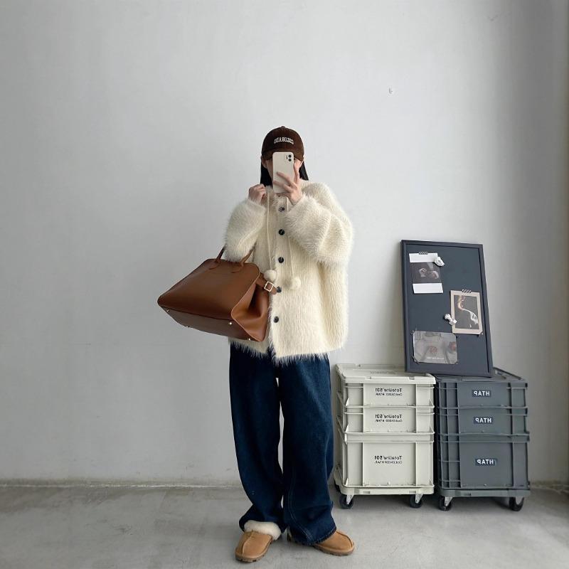 Soft waxy gentle hooded imitation mink knitted cardigan autumn and winter sweet loose high sense lazy wind sweater jacket women