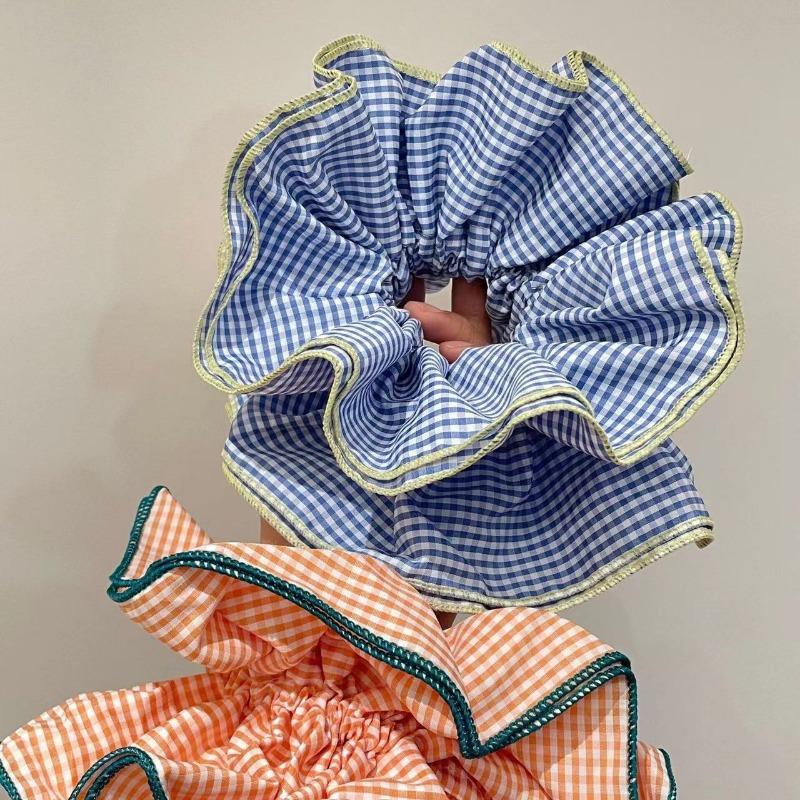 Retro Colorful Lattice Ruffles Hair Scrunchies Headbands for Womens Girls Sweet Romance Hair Rope Rubber Band Hair Accessories