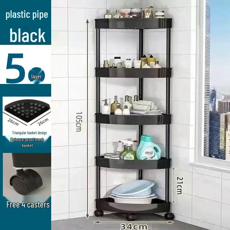 Compact Triangular Bathroom Storage Rack: Multi-Layer, Floor-Standing, Moveable Corner Organizer.