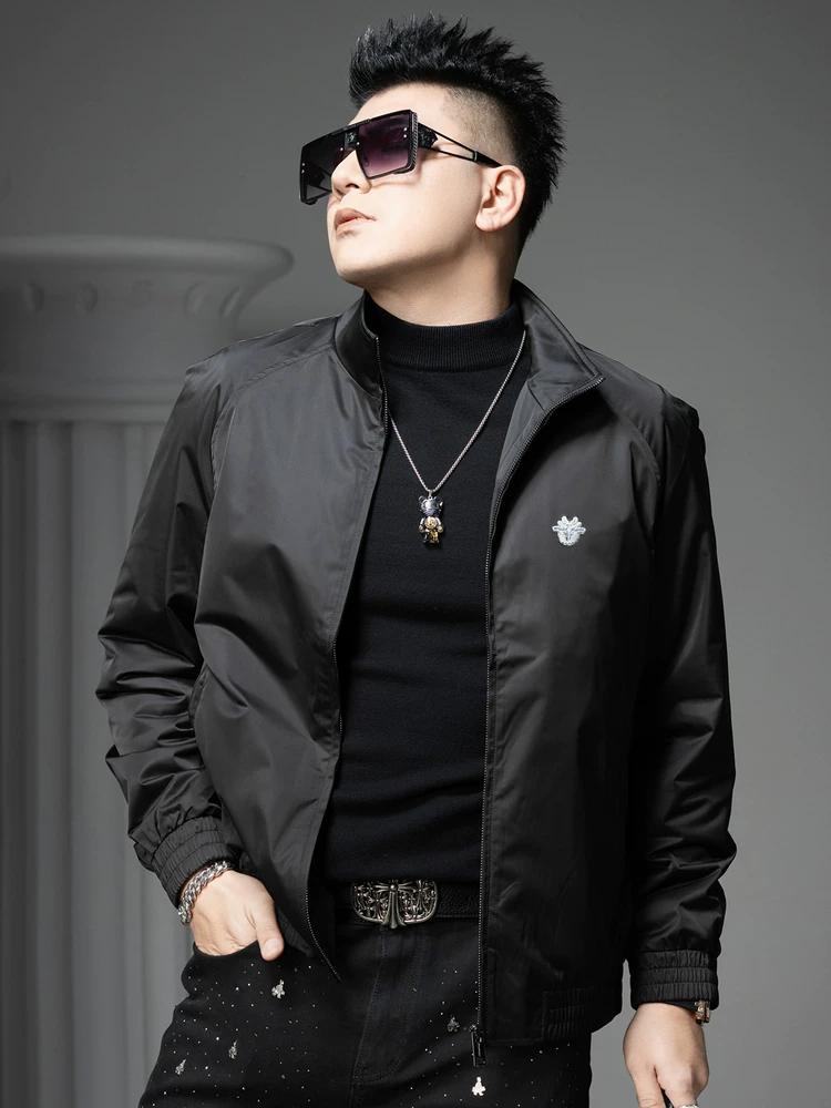 

European Trendy Brand Badge Jacket for Men 2025 Autumn New Fashion Loose Casual Top Stand Collar Jacket for Men 5XL чёрный