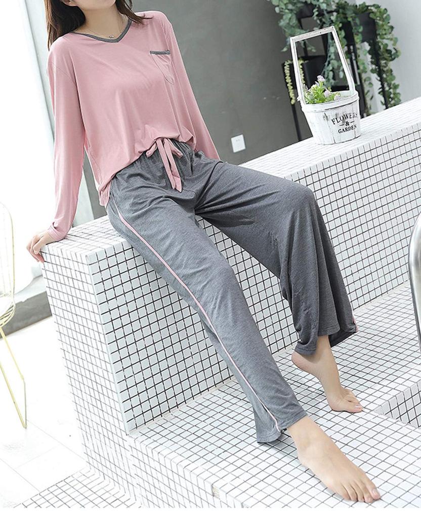 Kyonuza Long Sleeve Loose Fit Rayon Pajamas Solid and Breathable and Perfect for and and Size L Pink Women's Set, Color, Elegant, Cute, Simple,