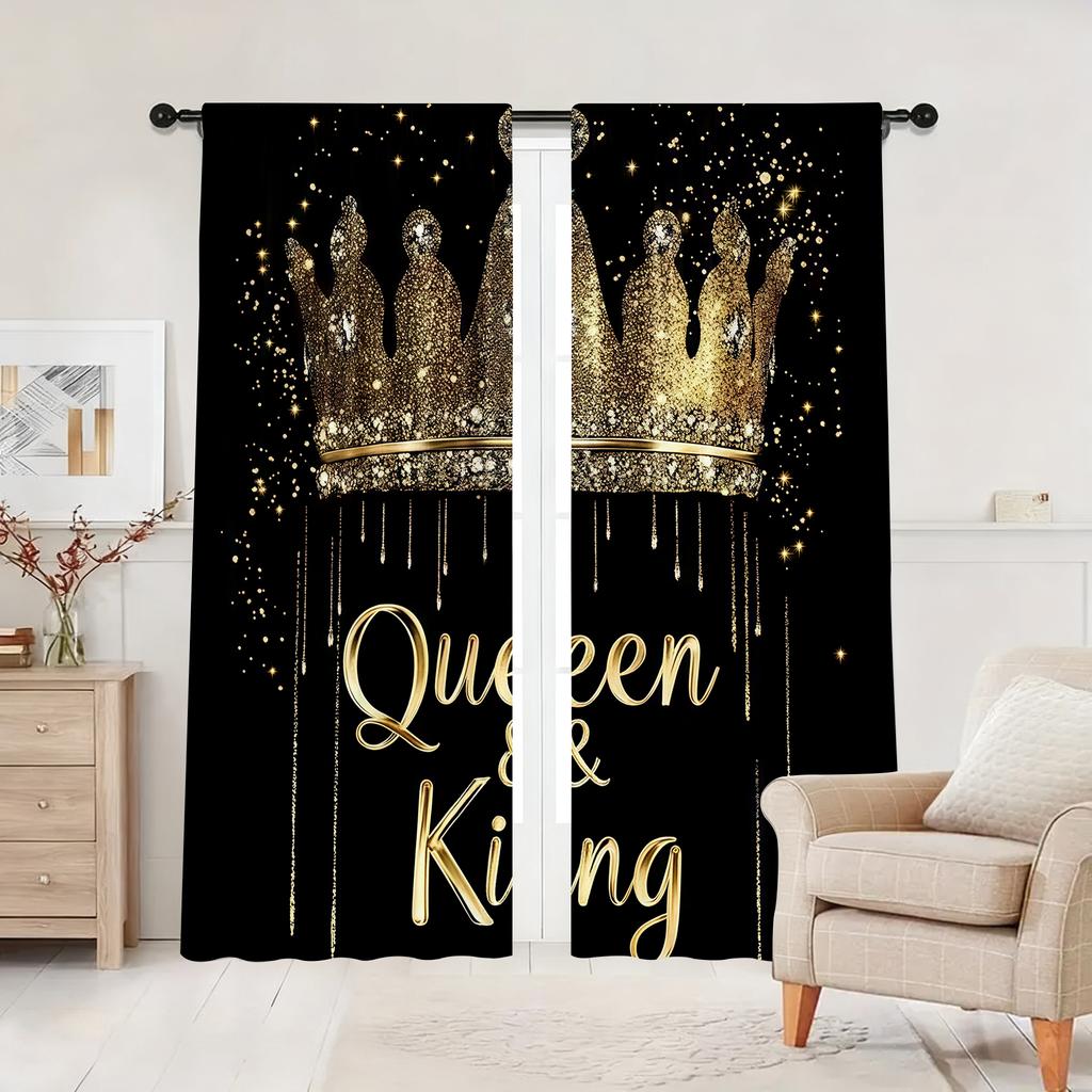 2pcs Golden Crown Printed Curtains Room Darkening Polyester Curtain Home Decor Rod Pocket Window Drapes