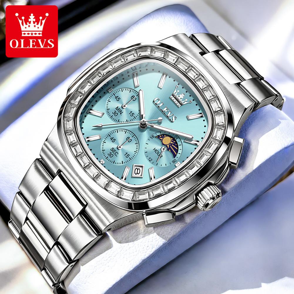 OLEVS New Original Luxury Fashion Square Quartz Watch Men Moon Phase Chronograph Watch Waterproof Luminous Date Watches For Man