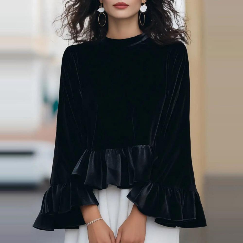 Women's Velvet Long-sleeved Solid Color Round Neck Ruffled Sweater Cashmere Sweater