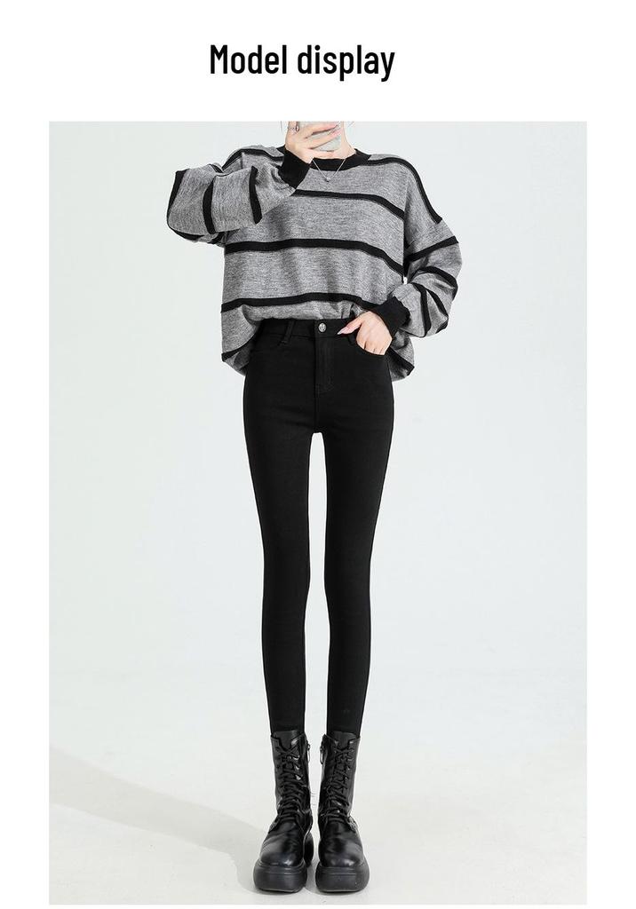 Tall Women's High-Waisted Plus Velvet Skinny Black Pants - Autumn/Winter 2025