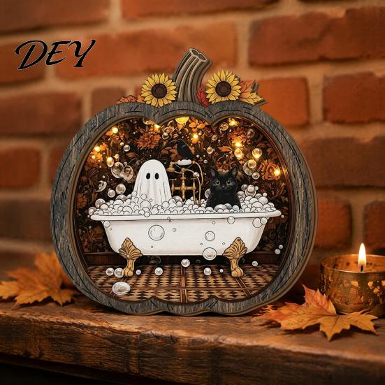 Halloween Bookstore Scene Ghost Wooden Tabletop Ornament, 2D Flat Cute Reading Bathing Whimsical Book Nook Watering Plaque with Stand for Home Shelf,