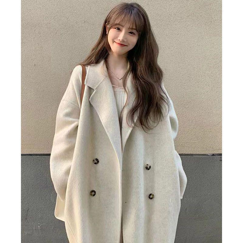 Women's Mid-Length Wool Blend Coat - Autumn/Winter, Over-the-Knee, Cotton-Padded, Double-Breasted, Loose Fit, Straight Cut, Thick Windbreaker.
