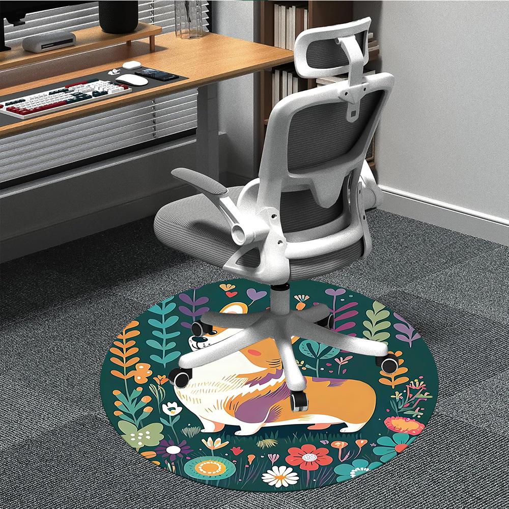 1pc Floral Corgi Office Round Area Rug, Under Office Chairs Bedroom Living Room Home Decor, Room Deco