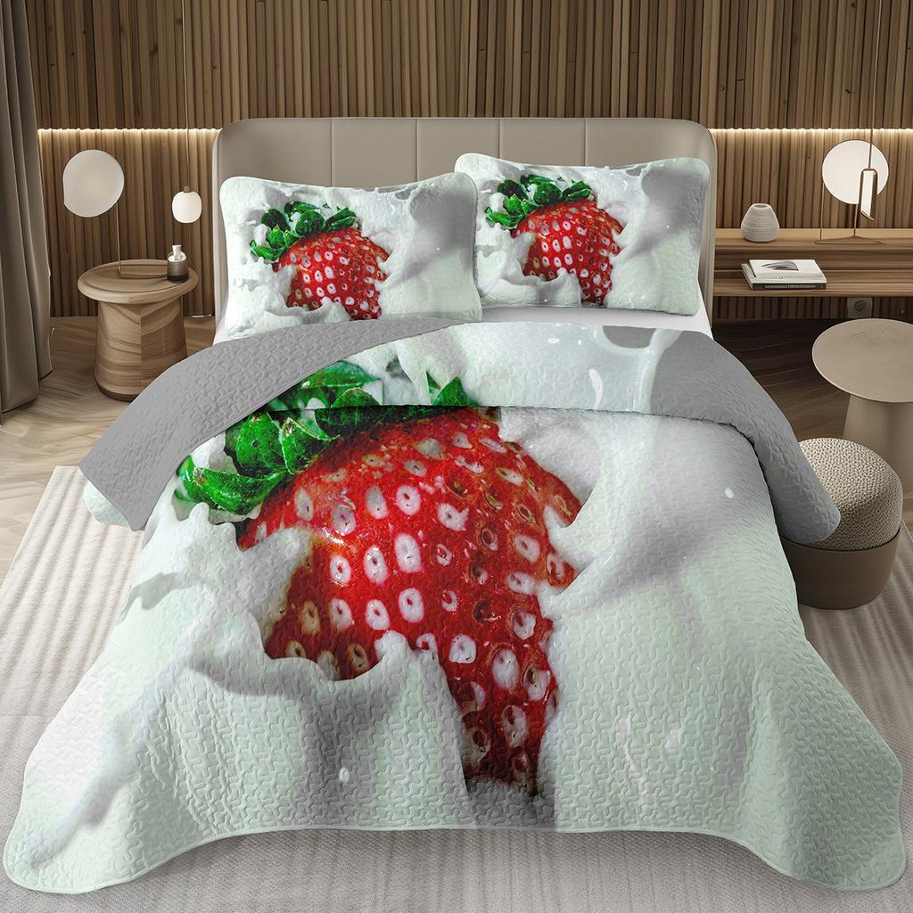 Strawberry Bedspread Kawaii Fruit Coverlet Twin King Size Cute Strawberries Quilt Set For Kids Girls Teens Adult Bedroom Decor