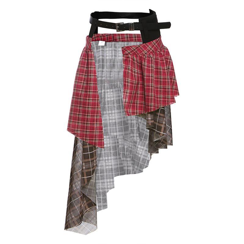 

# Sisjuly# Trendy Gyaru Contrast Color Plaid Patchwork Split Design Skirt Women s Irregular Hem Accessories Red(Belt not included) S
