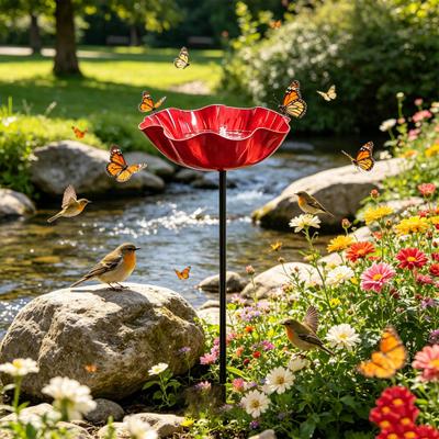 Mangiatoia per Uccelli in Metallo Fatta a Mano con Paletto da Giardino con Stazione di Rifornimento Idrico per Impollinatori Vasca per Uccelli per Mangiatoia Idrica con Design Floreale per Decorazione Esterna del Cortile