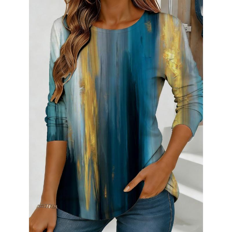 Women's Abstract Watercolor Print Long-sleeved Loose Round Neck Top, Casual Everyday Street Style with Elegant Design.