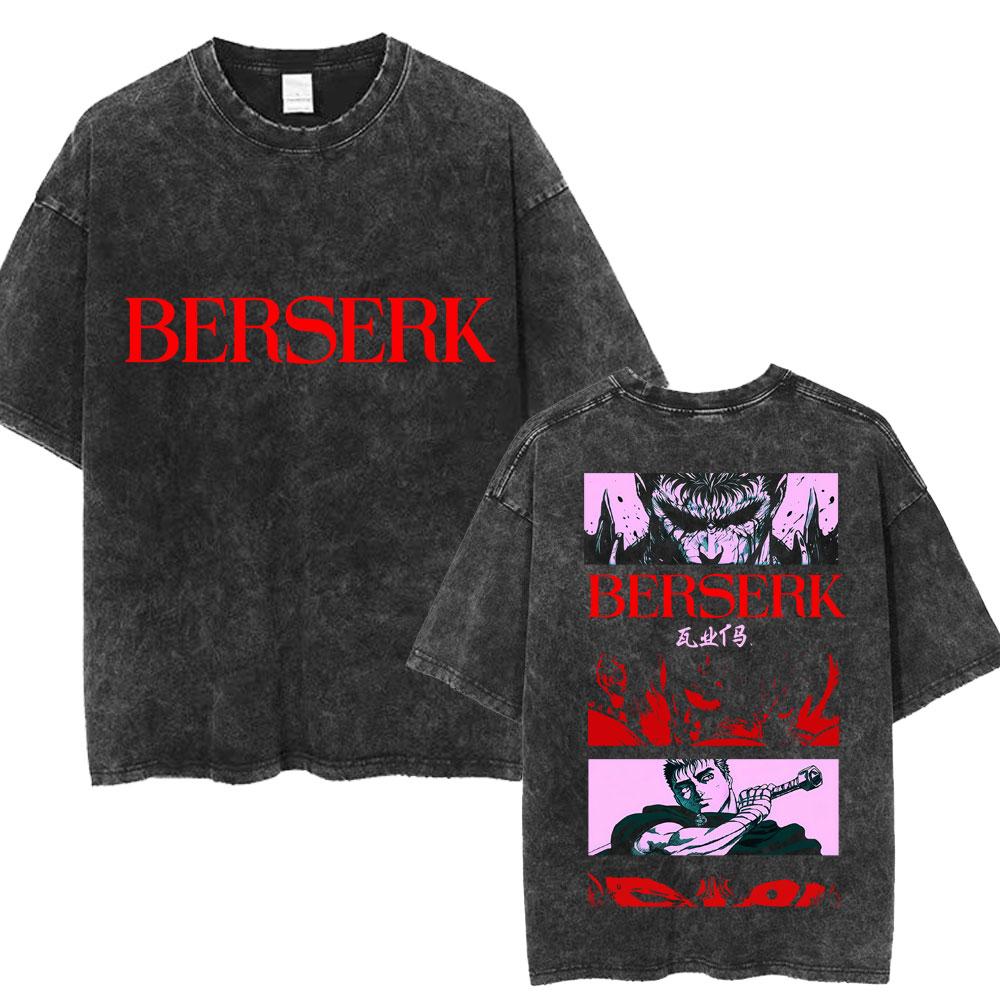 Vintage Washed Anime Berserk Guts T Shirt Swordsman Gatsu Sacrifice Zodd Harajuku TShirt Men Women Loose Cotton Tees Streetwear