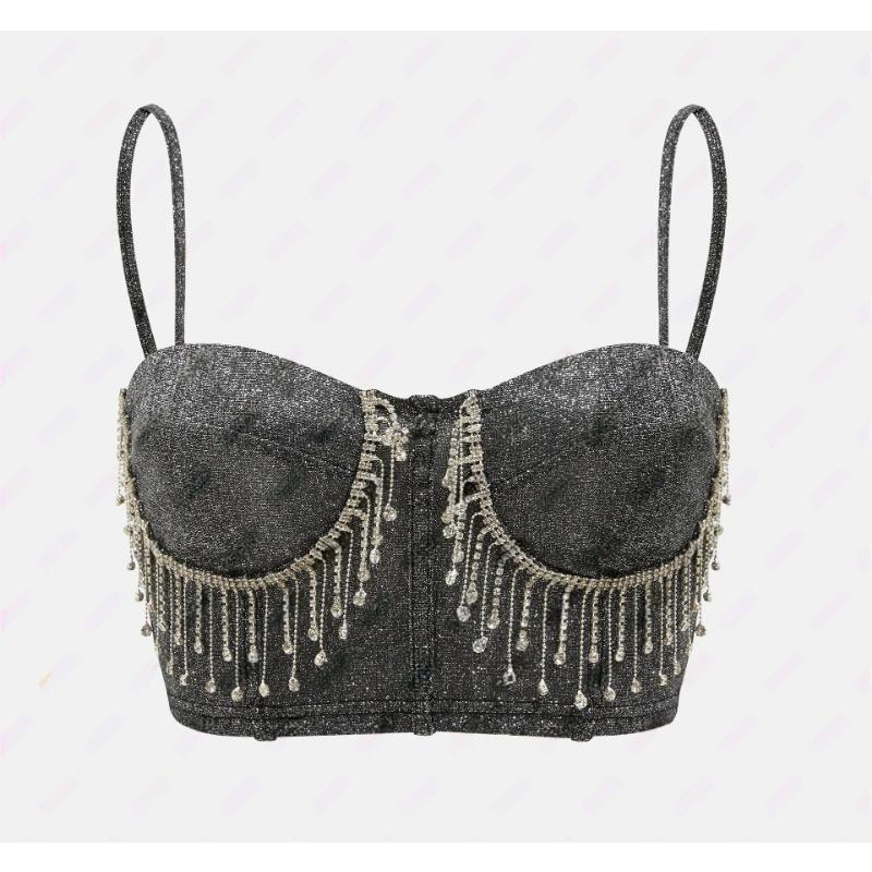 

Женский весенне-летний новый жилет с воротником-халтером, однострочным воротником, стразами и кисточками, сексуальный, тонкий, маленький S чёрный