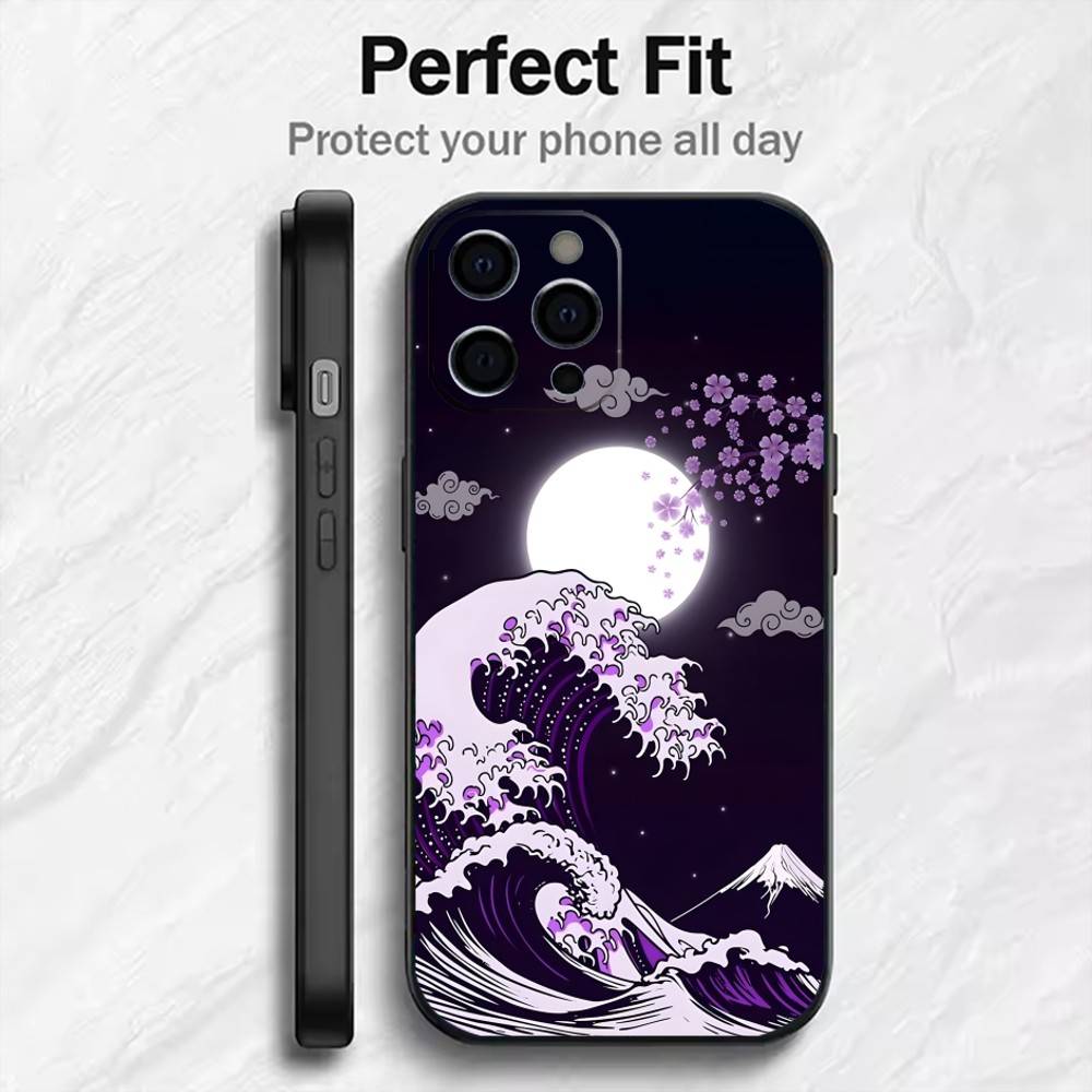 Japanese Ukiyo-e Waves Parinting Phone Case For iPhone17,16,15,14,13,12 Plus,Max Soft Silicone Black Cover