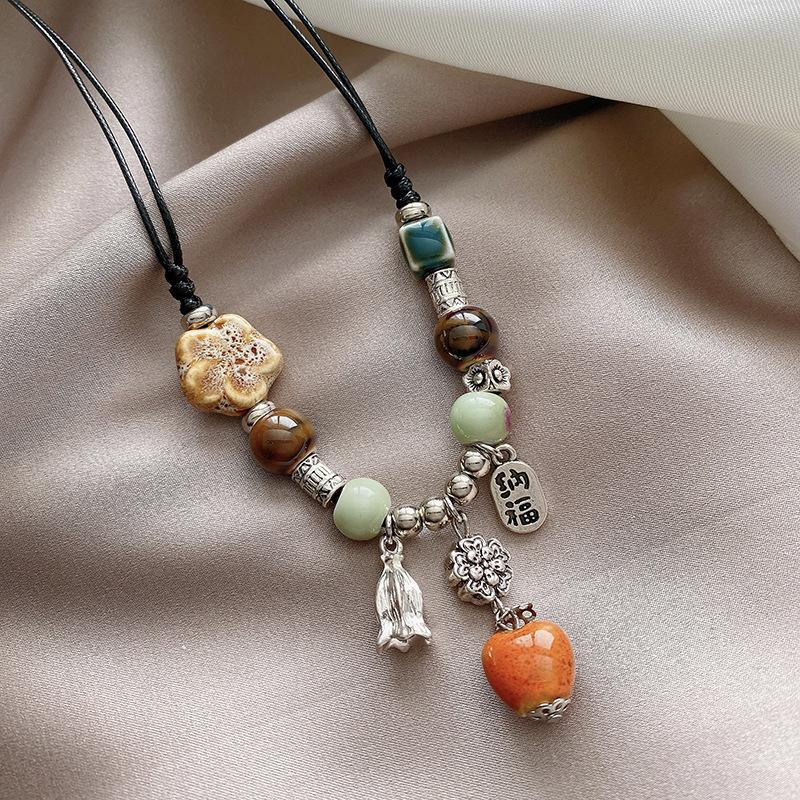 Meier Ethnic style retro ceramic beaded necklace for women accessible luxuryniche style safe lock bring in wealth and treasure clavicle chain
