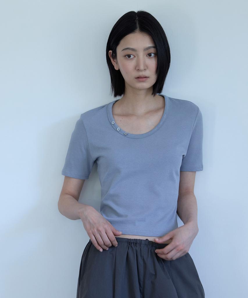 Piiipi Buttonhole U-Neck Short Sleeve T-Shirt_Blue Gray