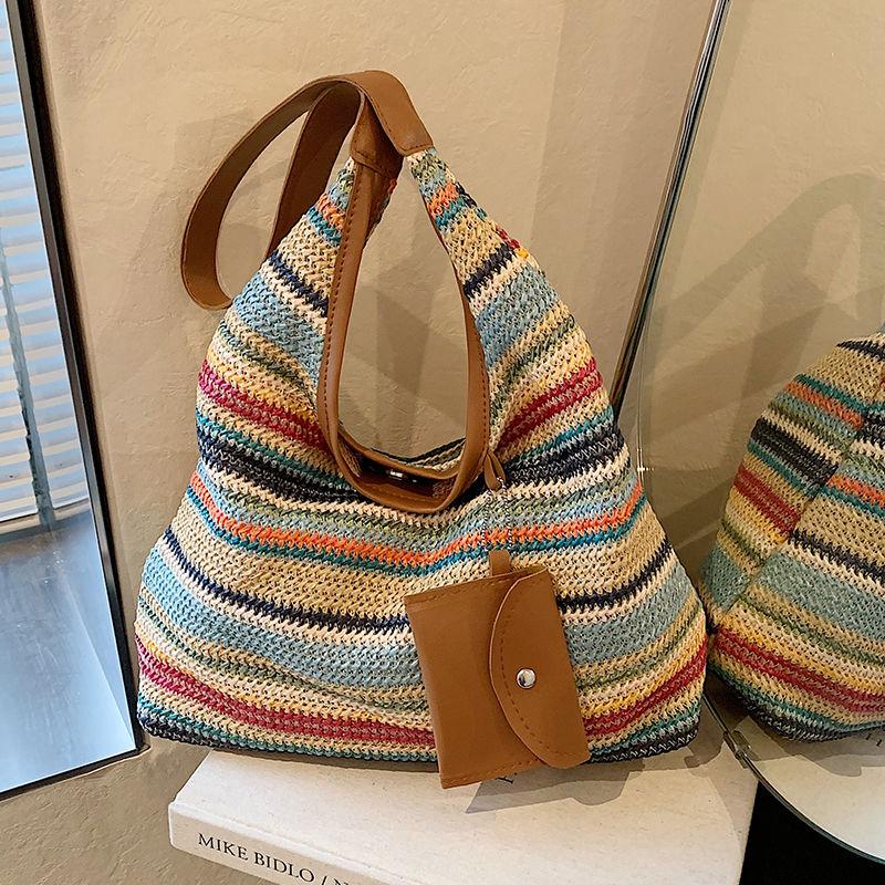 Large Capacity Rainbow Straw Woven Tote Bag - Stylish Shoulder Commuter Bag with Lazy Chic Versatility