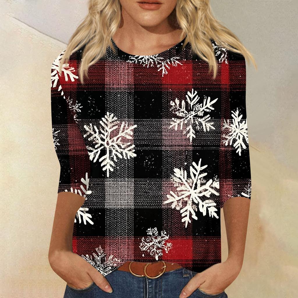 Women's Fashion Casual Christmas Tree Printed Round Neck Three-Quarter Sleeve T-Shirt Top