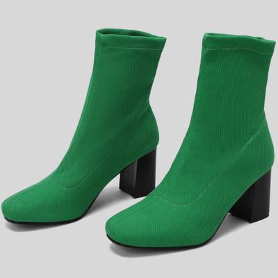 Green Women's Ankle Boots 2025 Autumn Winter Block Heels Short Socks Boot Black Pink Blue Party Shoes Female Large Size 48