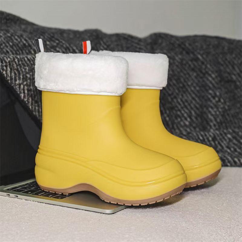 Woman New Thick Sole High Top Rain Boots Waterproof Non Slip Round Toe Detachable Cotton Cover Wedges Fashionable Water Shoes