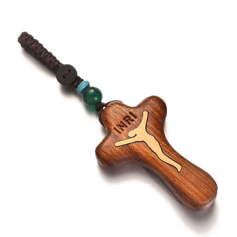 New Sandalwood Inlaid Pear Wood Cross Religious Pendant Magnetic Car Pendant Bag Ornament Keychain Accessories Gift Smooth Touch