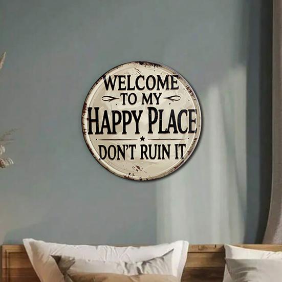 Round Wall Art Sign Retro Style Metal Welcome Sign Rustic Wall Sign for Front Door Bedroom Bathroom Bar Decoration