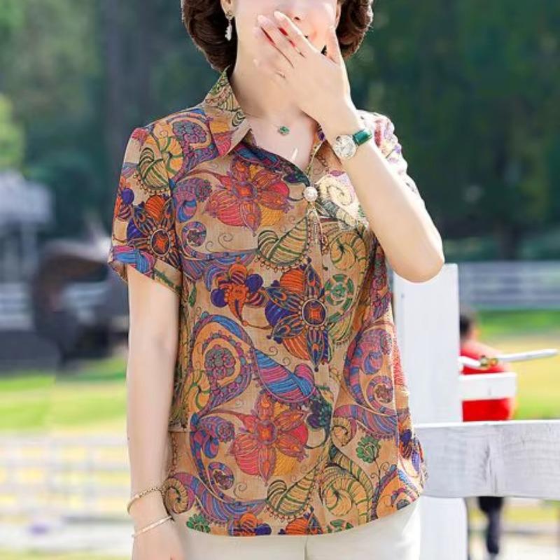 Mom Clothes Loose Short-sleeved Middle-aged and Elderly Women's T-shirt Shirt Fashionable Lapel Pullover Top