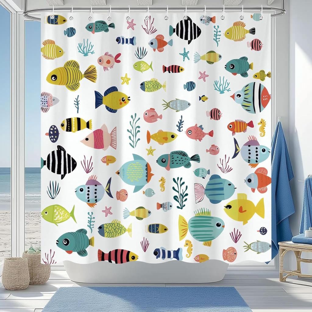 Funny Kids Shower Curtain, Cute Colorful Cartoon Fish Ocean Beach Theme Bath Curtains for Bathroom, Underwater Coastal Submarine