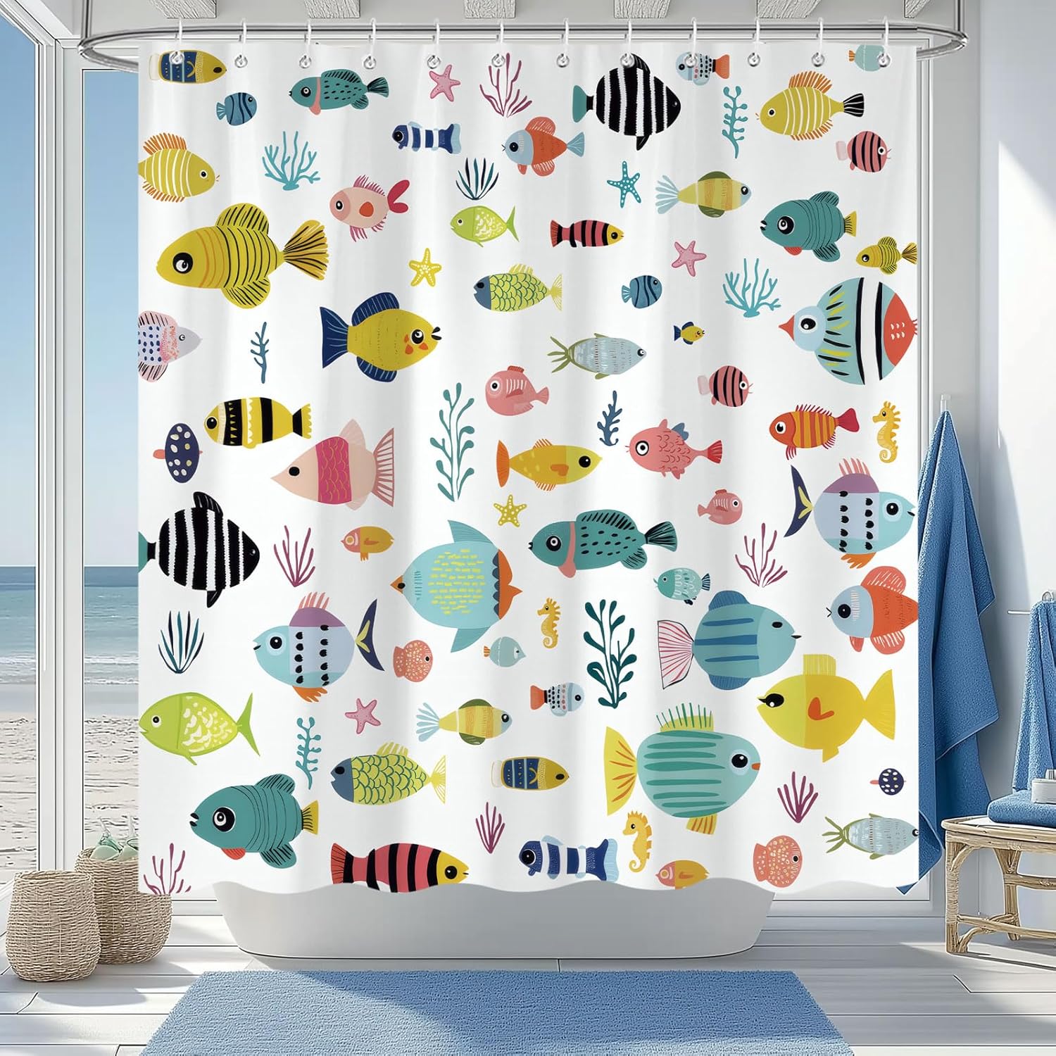 

Funny Kids Shower Curtain, Cute Colorful Cartoon Fish Ocean Beach Theme Bath Curtains For Bathroom, Underwater Coastal Submarine W60H190(CM)-1 Pcs