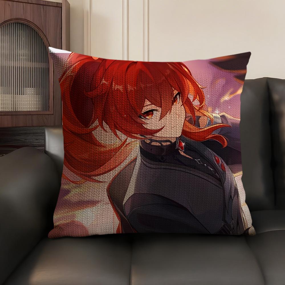 Diluc Cute Genshin Impact Cushion Cover Natural Linen Organic Fabric DoubleSided Printing Sofa Home Decor Gift Pillow Case