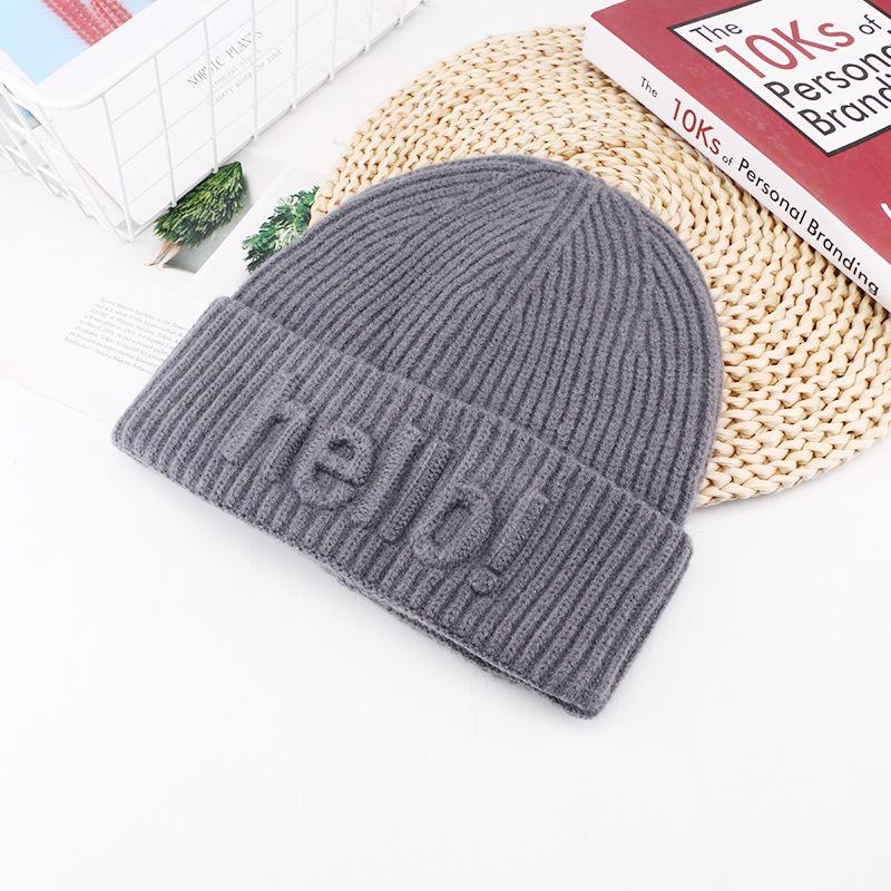 Korean Style Fashion Letter Printed Wool Hat for Women In Autumn and Winter Warm Pullover Cold Hat Showing Face Small Ear Protection Knit Hat Trendy