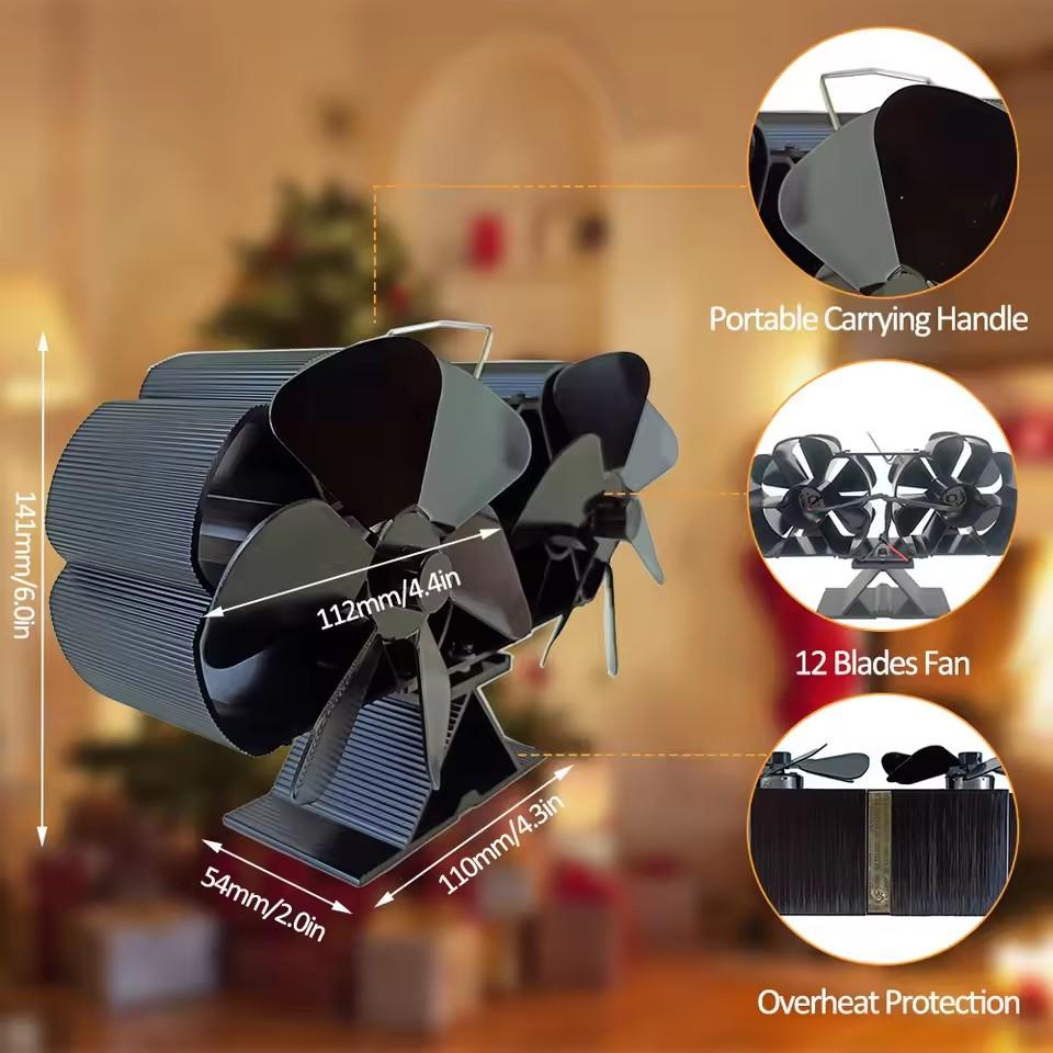 Wentylator kominkowy zasilany ciepłem, z dwoma cichymi silnikami, 6 łopatkami, nieelektryczny, aktywowany ciepłem, z uchwytem i magnetycznym termowentylatorem