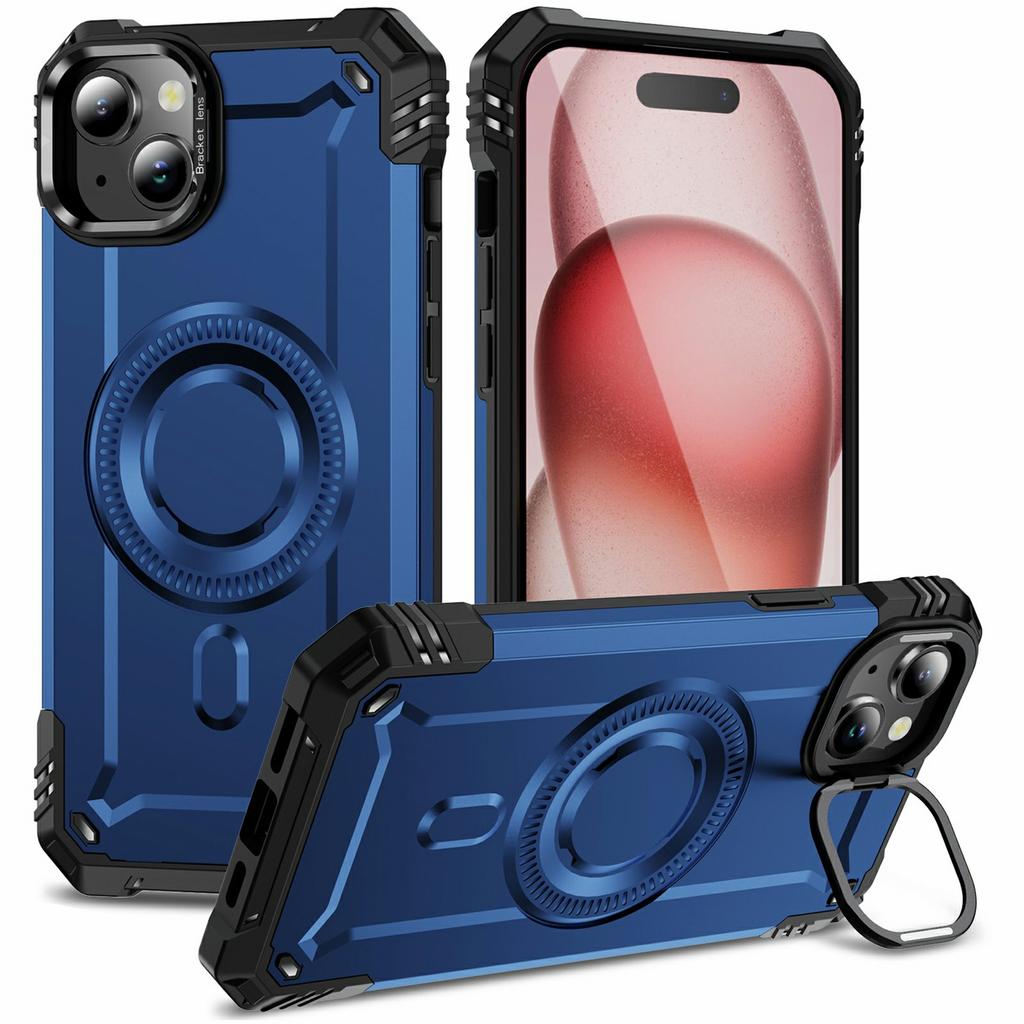 For iPhone 15 Magnetic Case Lens Kickstand PC+TPU Shockproof Phone Cover