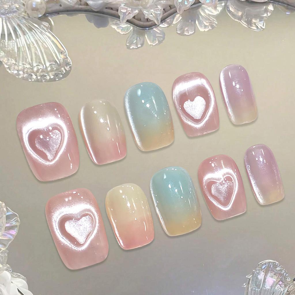 Pink Cat Eye Handmade Press On Nails With Bowknot And Love Heart Design Full Cover False Nail Tips For Women DIY Manicure
