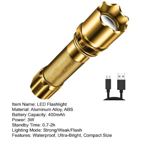 Camping Flashlight High Compact Size Waterproof Brightness Zoomable Long Irradiation Distance Aluminum Alloy