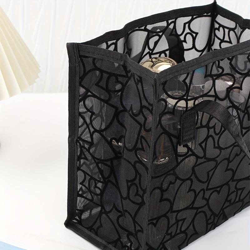 Mesh Heart Pattern Tote Bag – Lightweight, Breathable Travel & Beach Organizer with Dual Handles, Cosmetic Storage, and Stylish Cut-Out Design