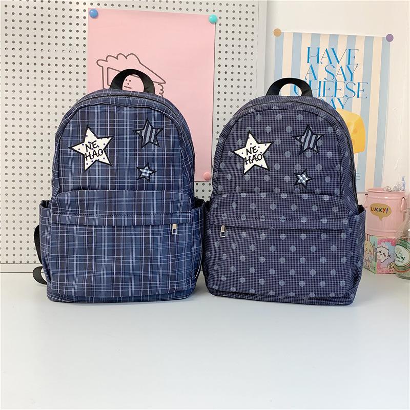 Schoolbag Korean star plaid polka dot backpack female student schoolbag college style commuting large capacity dirt resistant backpack