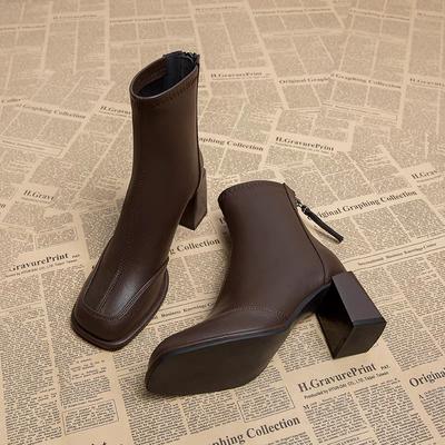 Fashion Vintage Thick Heel Women Ankle Boots Back Zippers Autumn Winter Shoes Ladies Elegant Square Toe Short Booties