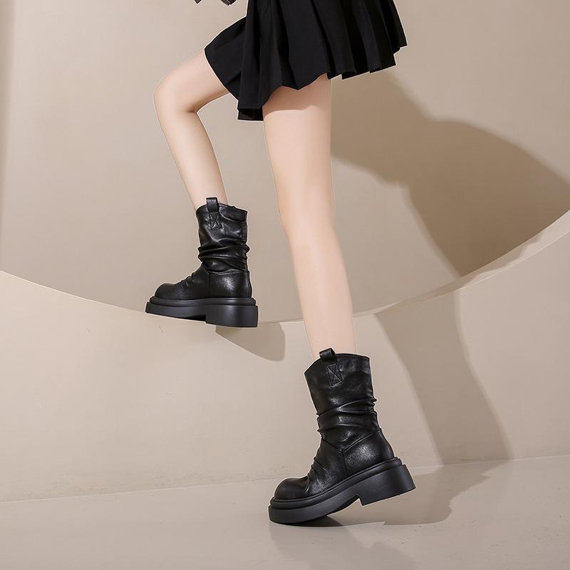Thick-soled Martin Boots, New Women's British Retro Short Boots, Increased Height and Thinness, Thick Heels, Stacked Boots, Medium Boots