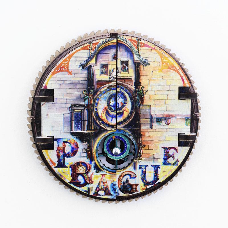Prague Astronomical Clock 3D Wooden Magnet with Rotating Gears - Czech Travel Souvenir