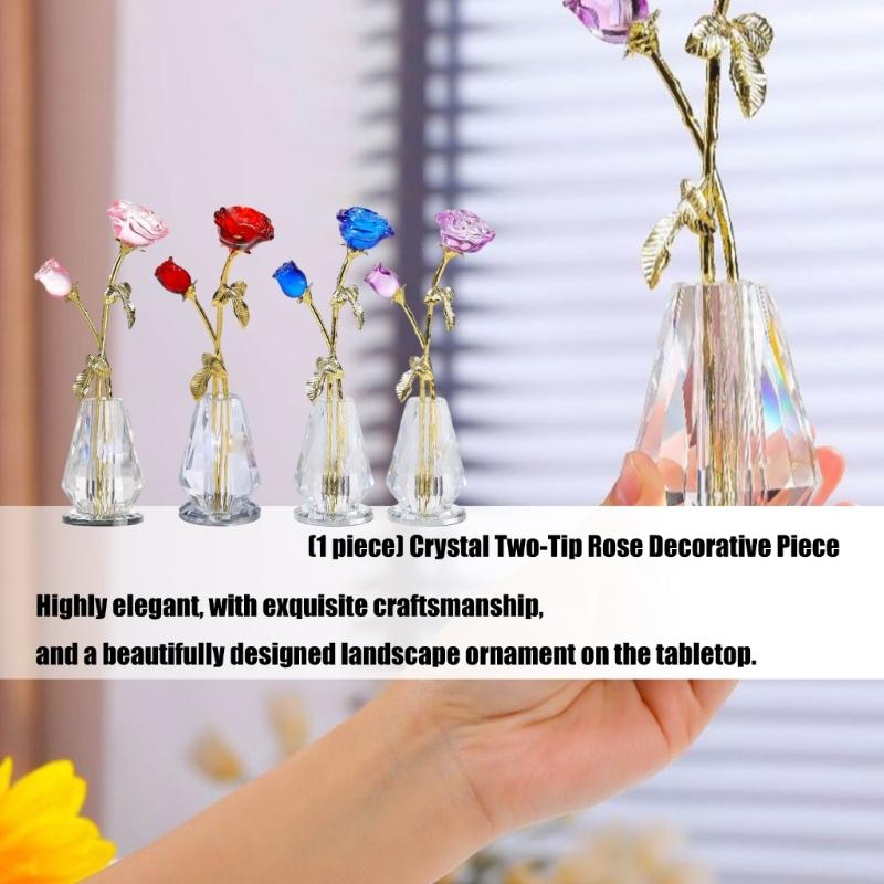 Crystal Rose Sculpture with Vase Collectible Flower Ornament Wedding Anniversary Gift for Home Decoration Accent